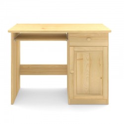 Drewniane biurko sosnowe z dużym blatem oraz szufladą i drzwiami.