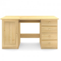 Drewniane biurko sosnowe z szufladami i drzwiczkami oraz dużym blatem.