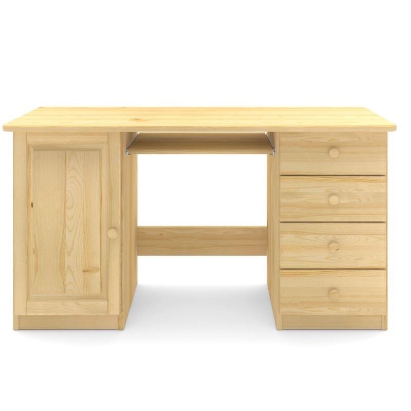 Drewniane biurko sosnowe z szufladami i drzwiczkami oraz dużym blatem.
