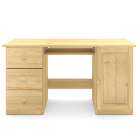 Drewniane duże biurko sosnowe z trzema szufladami i drzwiczkami.