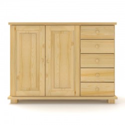Drewniana komoda sosnowa z pojedynczymi szufladami i parą drzwi.