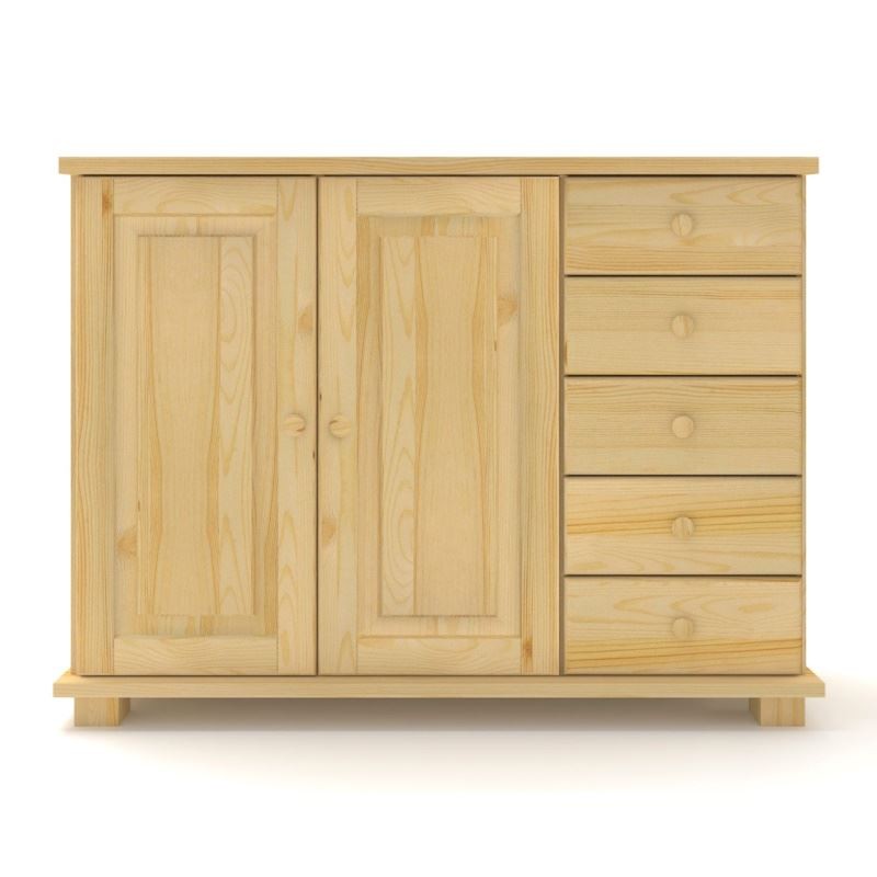 Drewniana komoda sosnowa z pojedynczymi szufladami i parą drzwi.