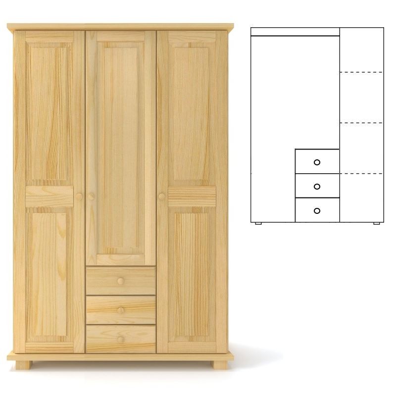 Szafa sosnowa potrójna S3+3P-K 124x190x60 cm ostre kanty