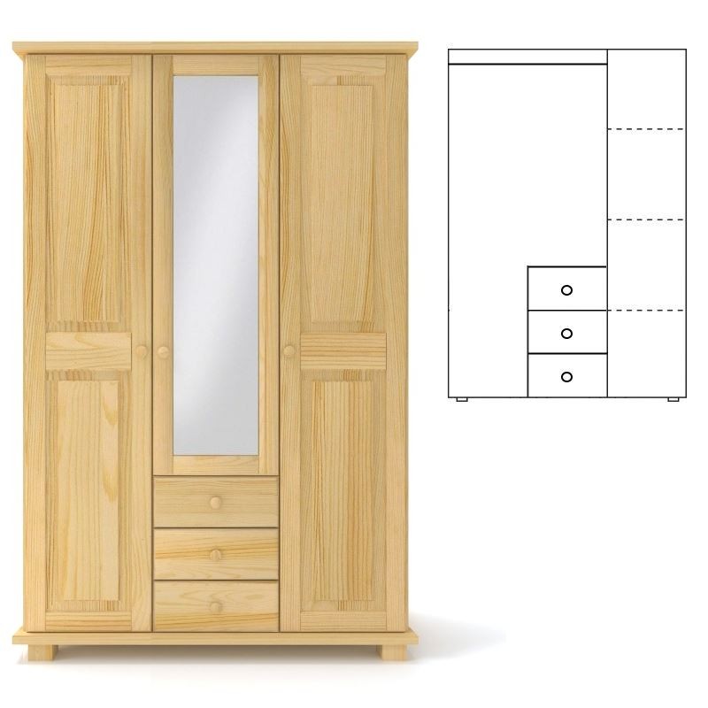 Szafa sosnowa potrójna S3+3PL-K 124x190x60 cm ostre kanty