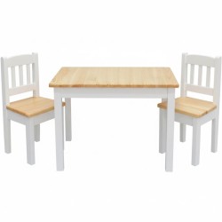 Prostokątny biało-sosnowy stolik dziecięcy + krzesełka sosnowe dziecięce