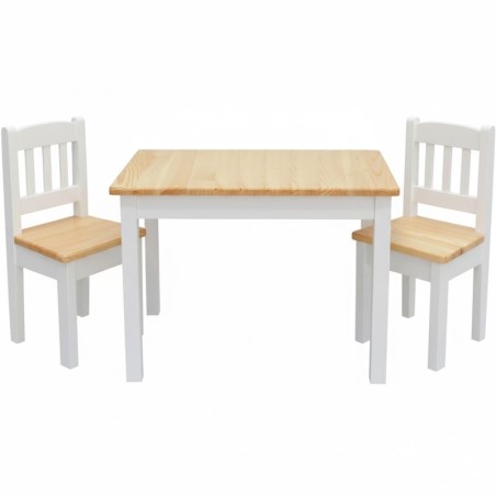 Prostokątny biało-sosnowy stolik dziecięcy + krzesełka sosnowe dziecięce