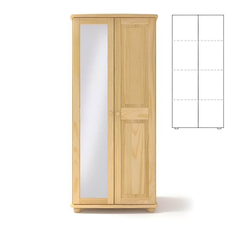 Drewniana 2-drzwiowa podwójna szafa sosnowa z półkami na ubrania do sypialni z lustrem na drzwiach.