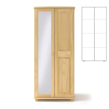 Drewniana 2-drzwiowa podwójna szafa sosnowa z półkami na ubrania do sypialni z lustrem na drzwiach.