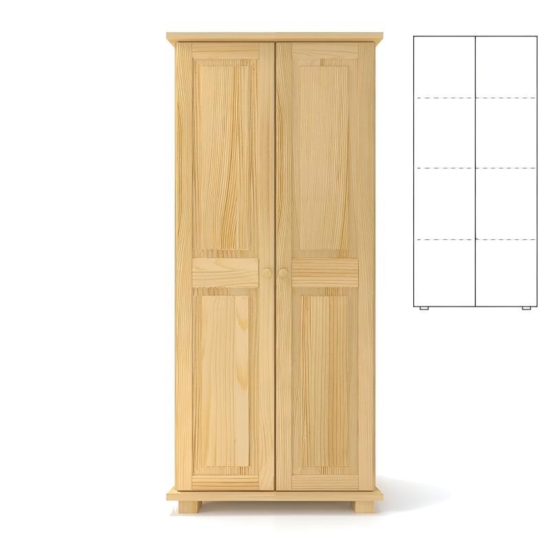 Drewniana szafa sosnowa na ostry kant - nowoczesna. Dużo półek na ubrania.