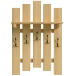 Duży wieszak sosnowy drewniany na ubrania z półką.