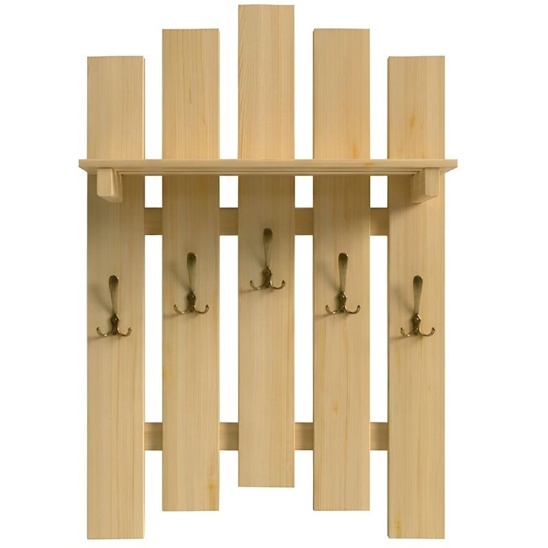 Duży wieszak sosnowy drewniany na ubrania z półką.