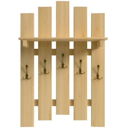 Duży wieszak sosnowy drewniany na ubrania z półką.